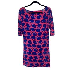 Lilly Pulitzer Dress Small Pink Blue Elephant Print Knit 3/4 Sleeve Casual